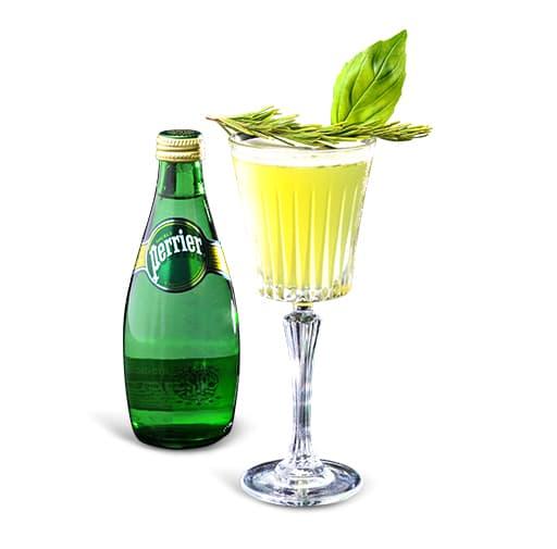 Perrier cocktail Basilic: gin, χυμός λεμονιού & φρέσκος βασιλικός